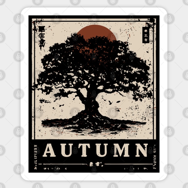 Autumn Oak Wabi Sabi Woodblock Print - Liminal Nature Art Sticker by TuncGK